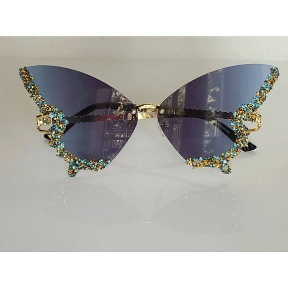 🦋✨ Rhinestone Diamond Butterfly Rimless Y2K Shades Sunglasses NEW - Picture 6 of 15